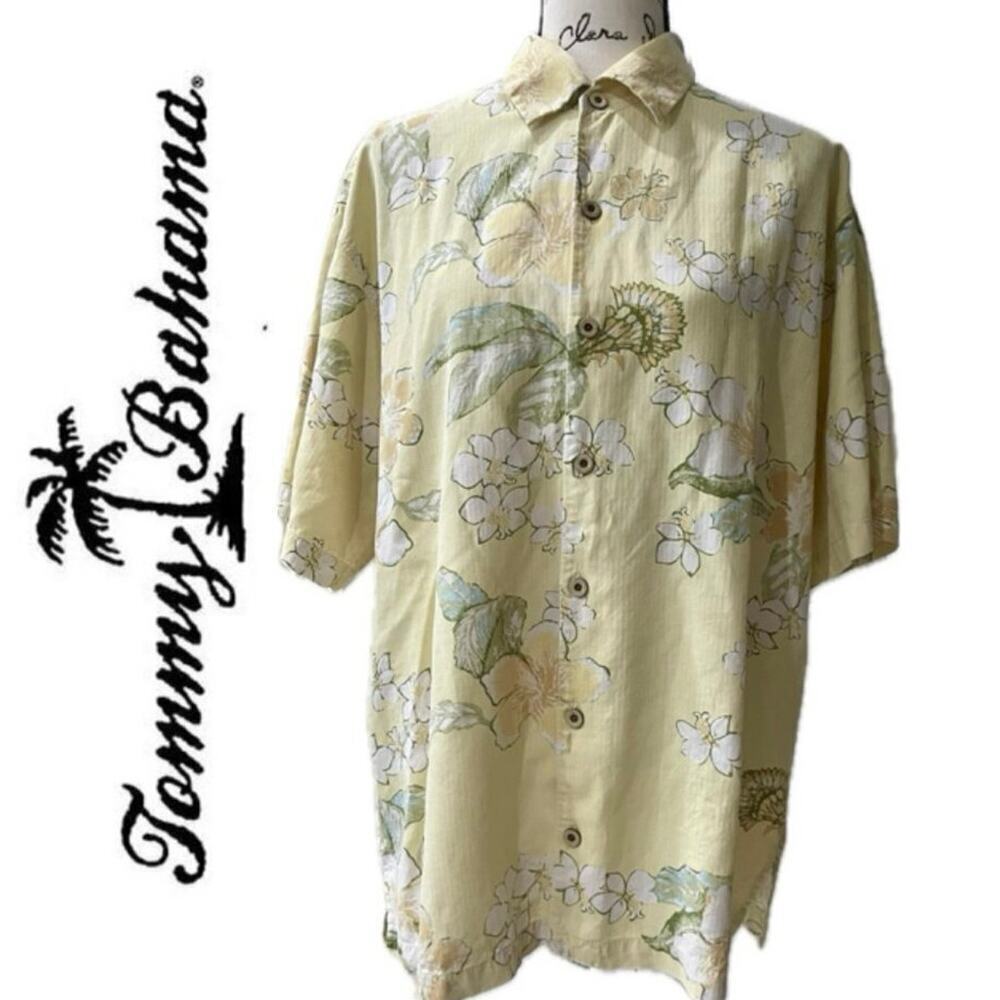 TOMMY‎ BAHAMA SHIRT HAWAIIAN WOOD BUTTON SILK Sz L HIBISCUS ALOHA AESTHETIC
